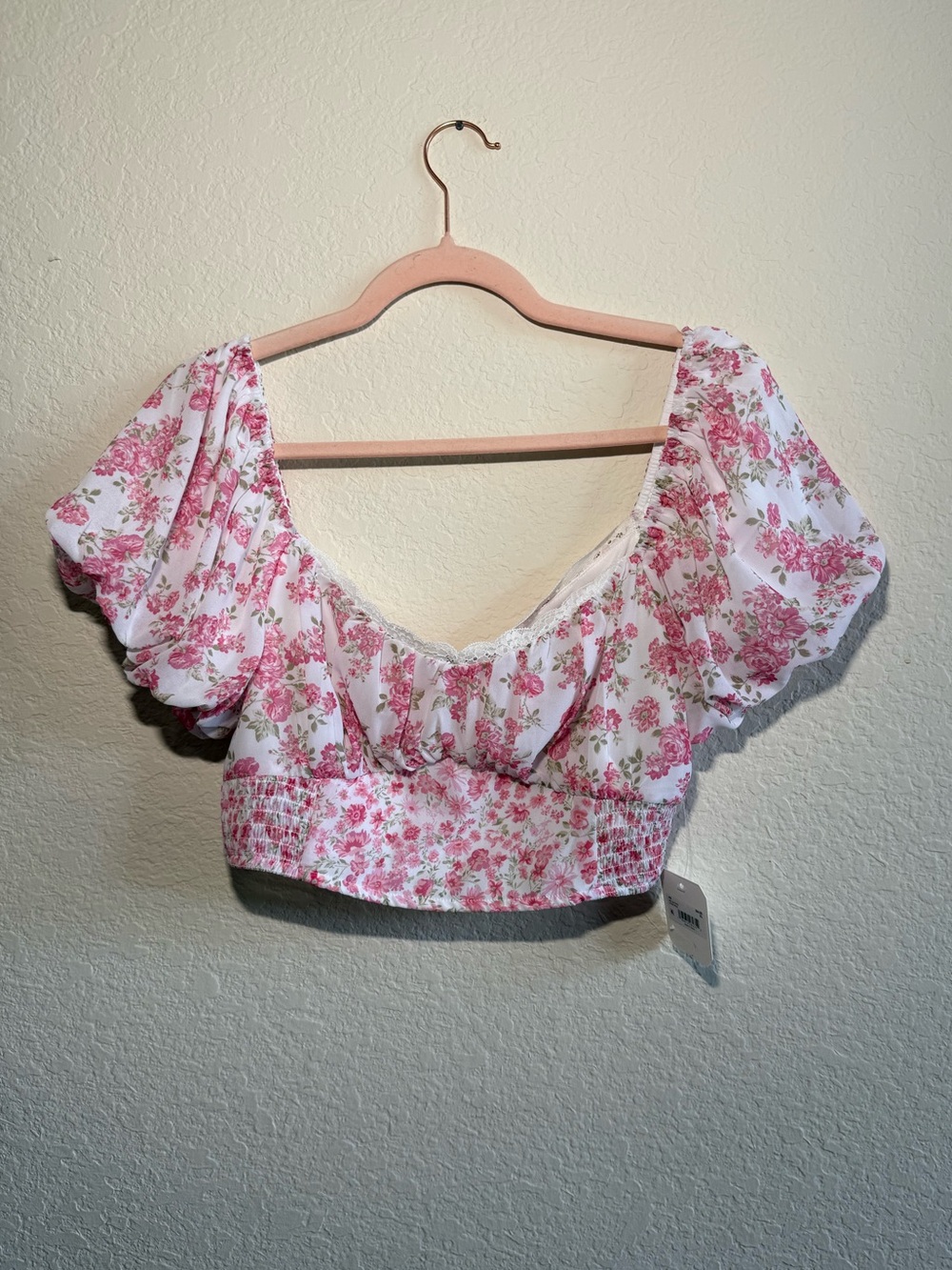 NWT Altar’d State Pink Floral Puff Sleeve Crop Top XL Cottagecore Coquette